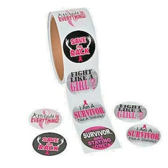 300 Breast Cancer Awareness Pink Ribbon Motivational Sayings Stickers 3 Rolls - Picture 1 of 3
